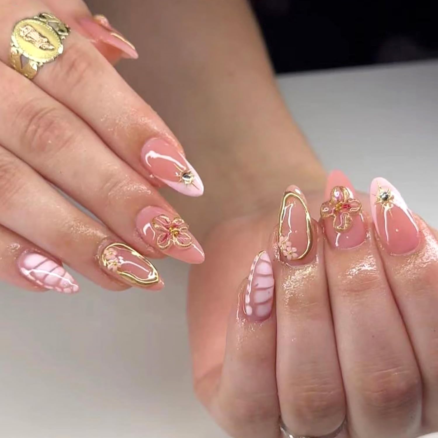 24Pcs 3D Flower Press on Nails Medium Square Fake Nails Pink French Tip Artificial Nails with Star Rhinestones Design Gilding Full Cover Glue on Nails