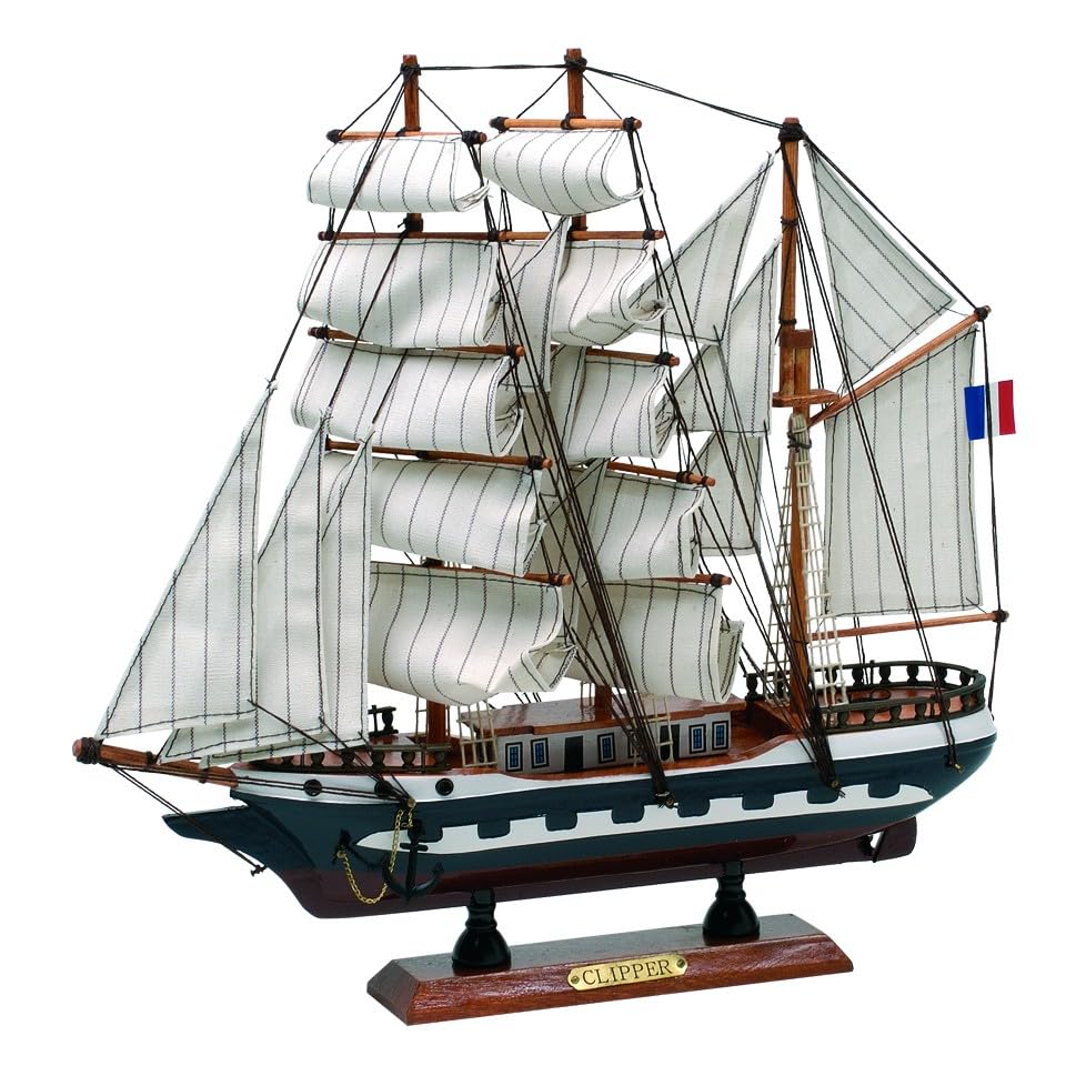 Maqueta Montada de Barco Clipper Decorativa, Velero de Madera Artesanal, Estilo Vintage, Bandera Francesa