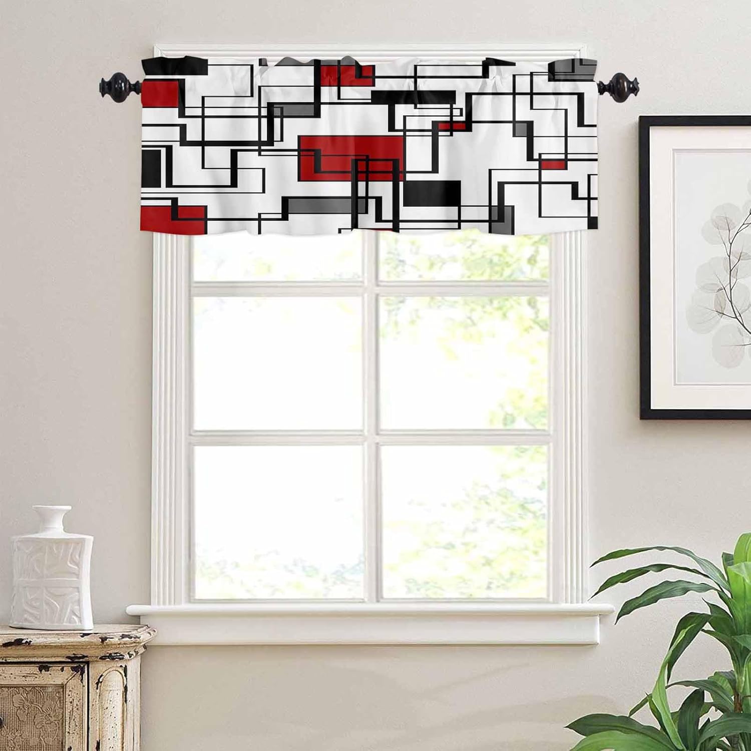 Red Black Grey Geometric Kitchen Curtains and Valance Set, Farmhouse Window Curtain Valance 54''x18'', White Abstract Art Aesthetics Small Short Half Tier Curtains for Bathroom Cafe 55x36 Inch