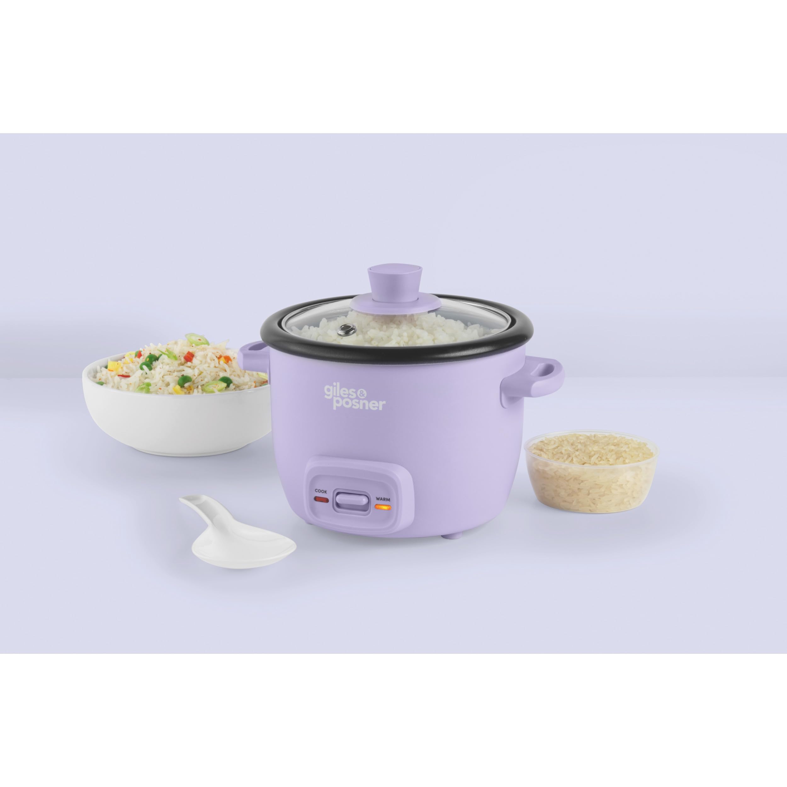Giles & Posner Sorbet Cuiseur à riz 0,4L – Bol intérieur sans PFAS, couvercle en verre, fonctions cuisson et maintien au chaud, gobelet doseur et cuillère à riz inclus, 250W, violet