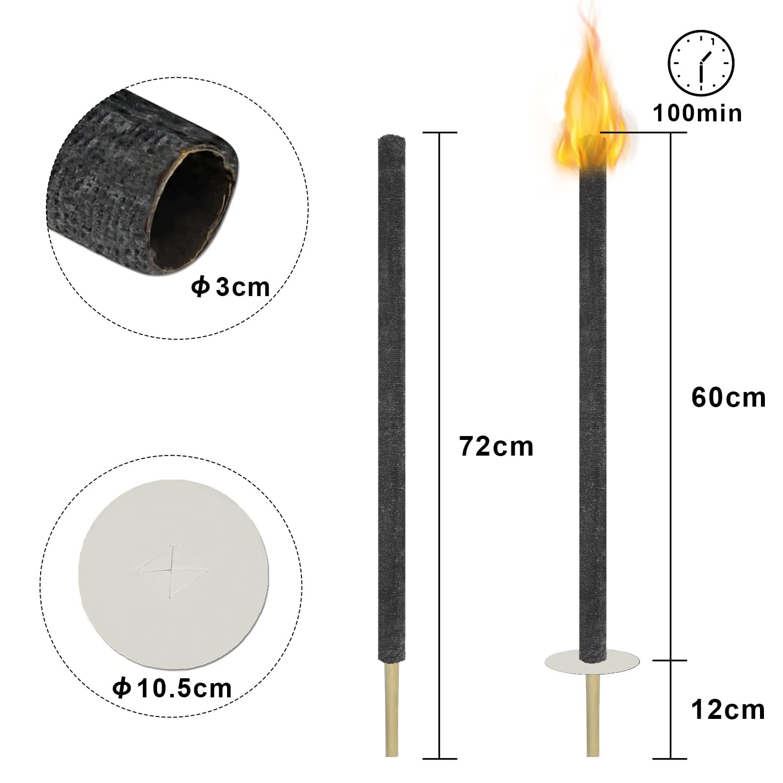Froadp Antorchas de cera de 72 cm, larga duración de combustión, 100 min, bengalas con mango extralargo y protección de las manos, juego de antorchas y linternas para jardín, exteriores, senderismo