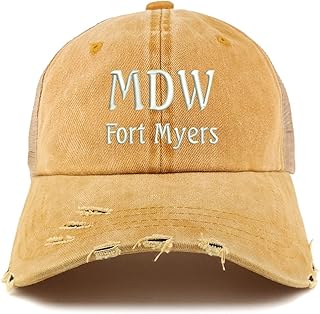 Trendy Apparel Shop MDW Fort Myers Embroidered Frayed Bill Trucker Mesh Back Cap - Gold