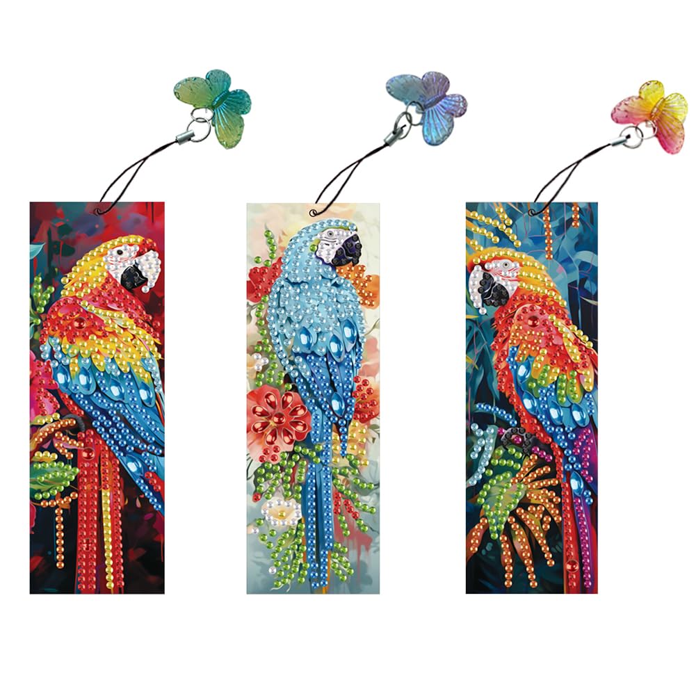 3 Pcs 5D Diamond Painting Bookmarks for Book Lovers, Handmade DIY Parrot Diamond Art Bookmarks with Crystal Pendant, Graduation Birthday (Red-03)