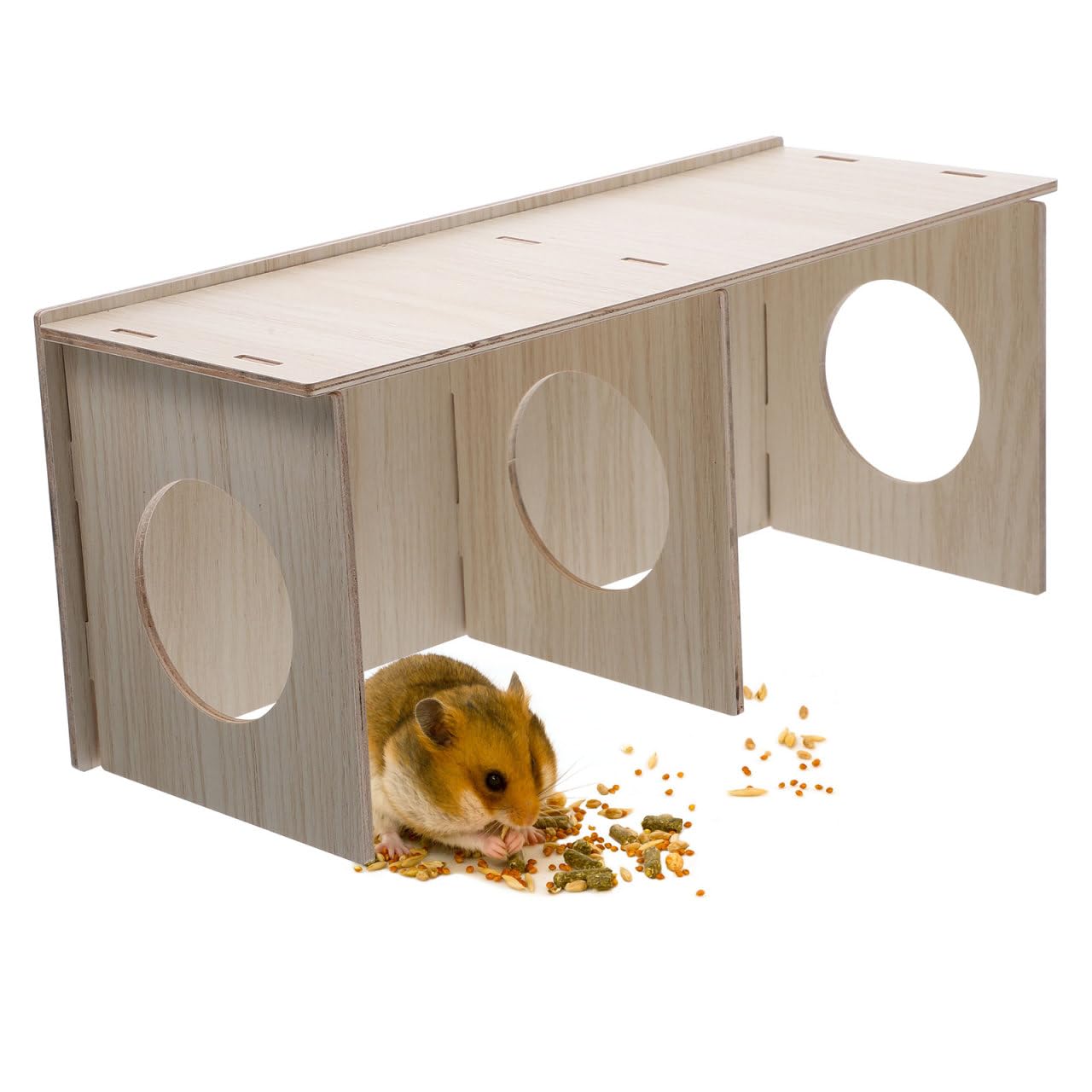 ULTECHNOVO Hamster Hideout Solid Wood House 14.17X6.30X5.51In Multi-Chamber Tunnel Maze Chew Toy Cage Decor for Hamsters Mice Guinea Pigs Small Pets