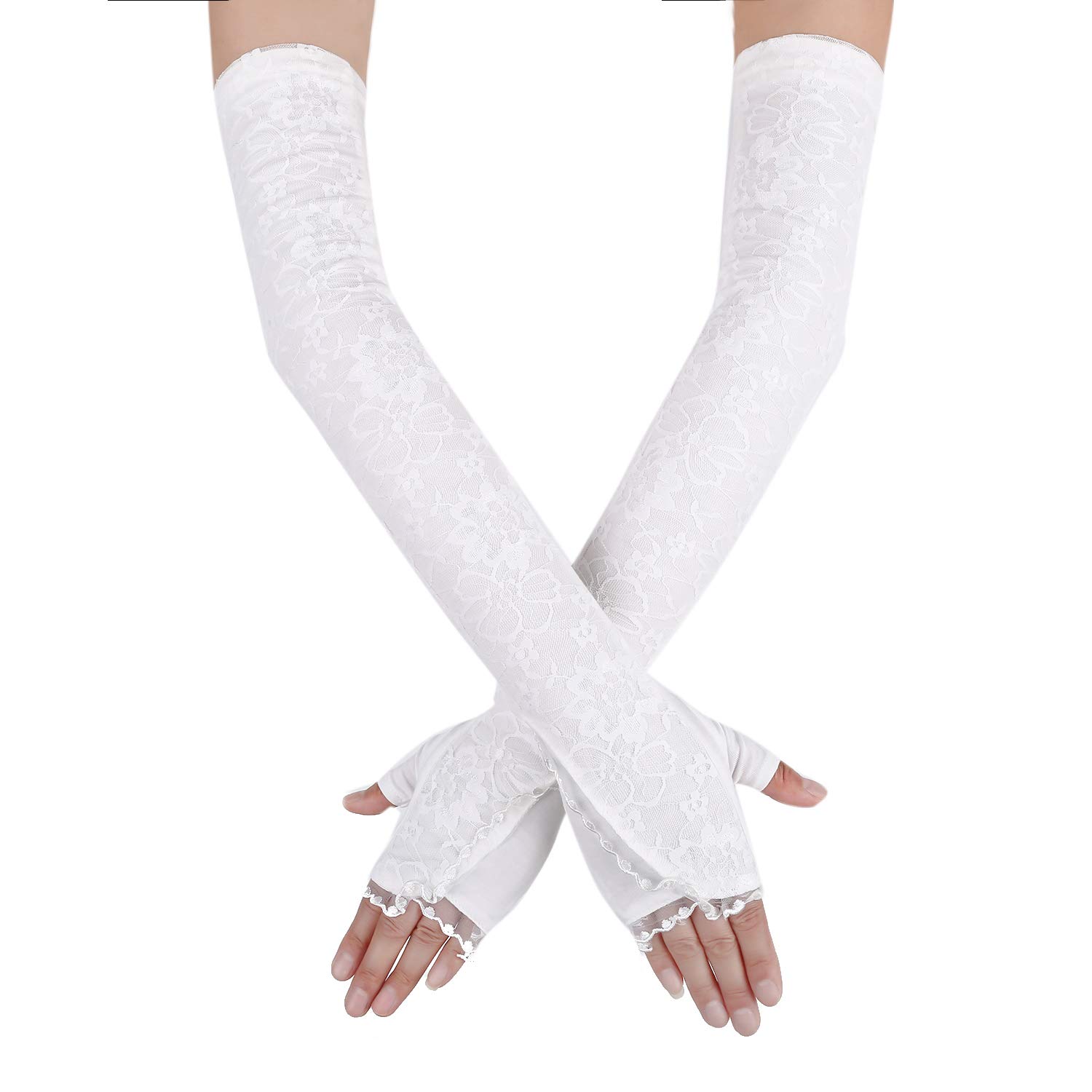 Women Long Sunscreen Gloves Lace Floral Half Finger Outdoor Arm Sleeves
