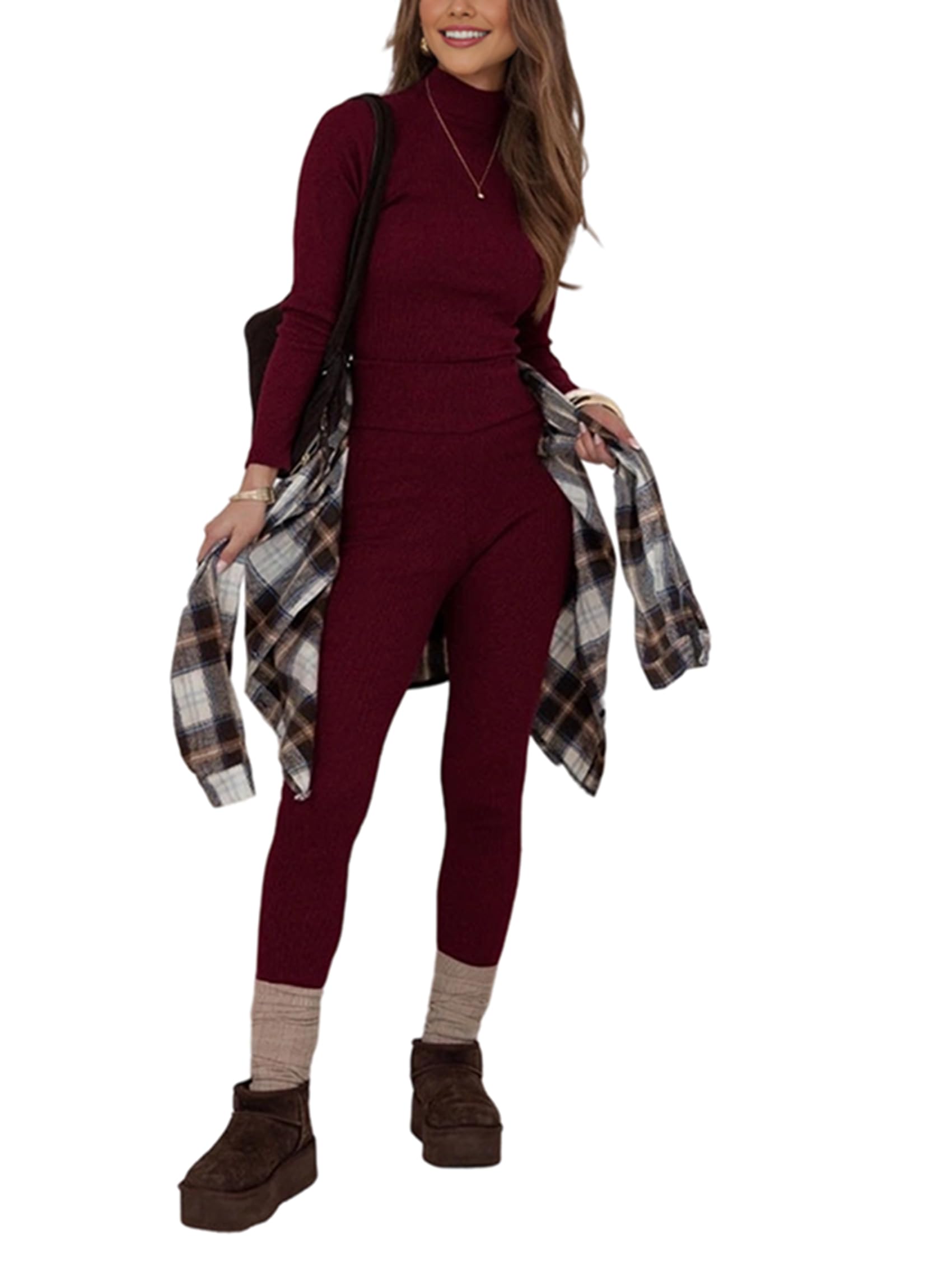 Ensembles de sous-Vêtements Thermiques Tricotés 2 Pièces pour Femmes: Pull à Col Roulé et Manches Longues et Legging Vin Rouge S