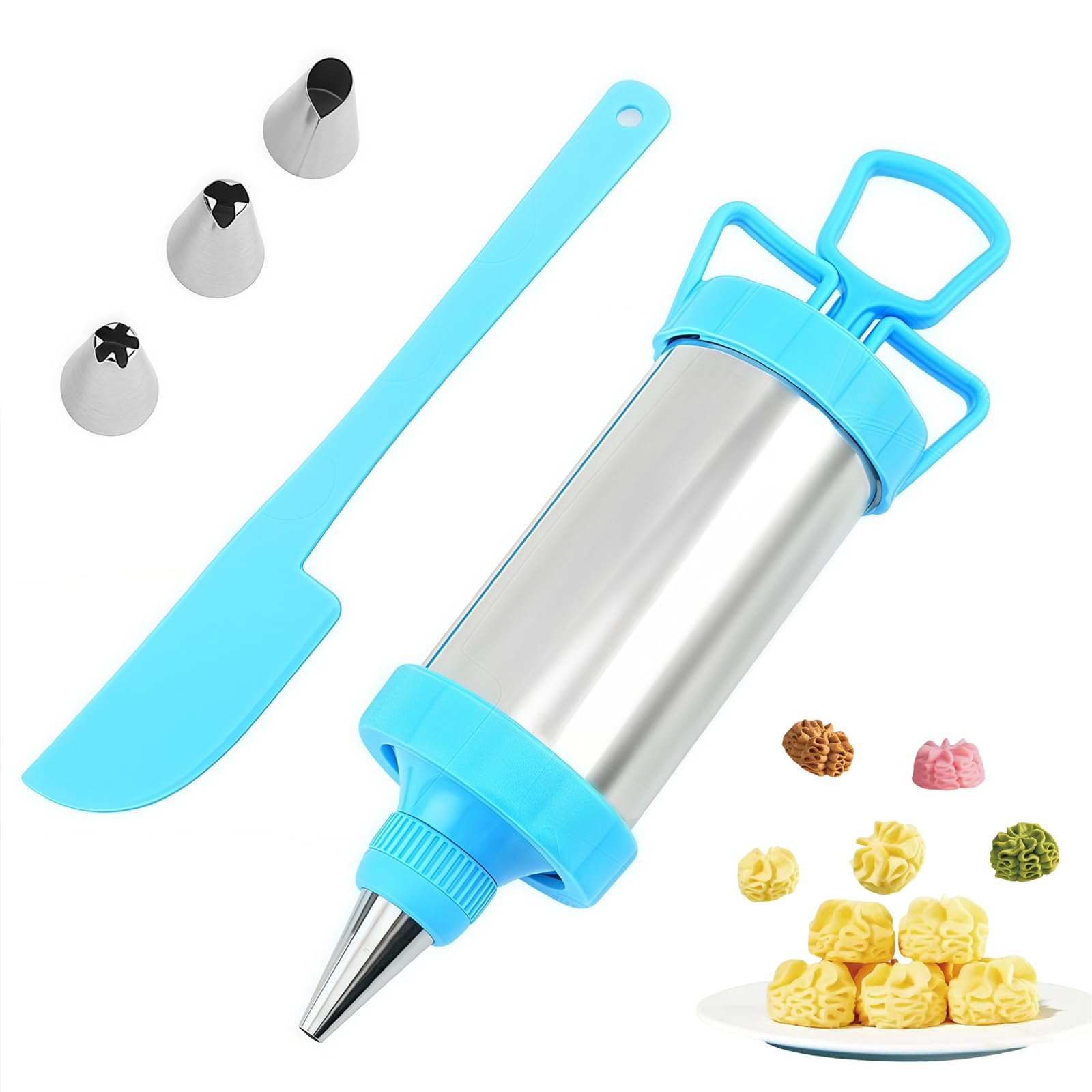 Dessert Decorating Syringe Set, Stainless Steel Cupcake Icing Piping Set with 4 Nozzles & 1 Cream Scraper, Icing Gun for Cake Decorating, Frosting Tools, Blue