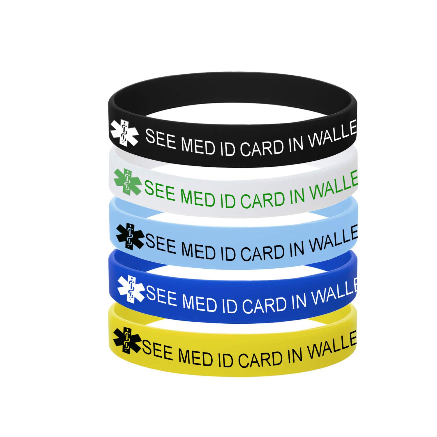 5 Color Pack-Personalized Engraved Medical Alert ID Jewelry Food Drug Allergy Bracelets,100% Silicone Rubber ID Survivor Bracelet Band,Emergency Contact Bracelet,Diabetes Bracelet,5.5"-7.9"