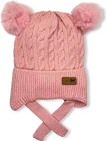 Touca Gorro Infantil de Tricô com Pompom Duplo e Protetor de Orelha, Estilo Cable Knit menino e menina 6 meses a 3 anos