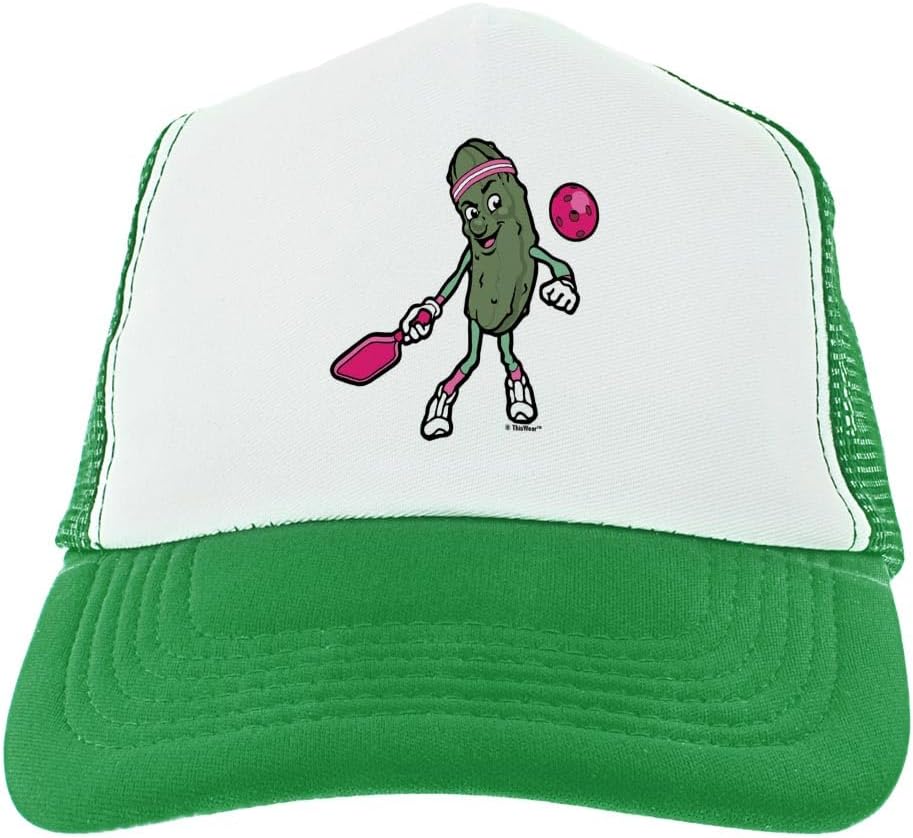 Funny Pickle Sasquatch or T-Rex Playing Pickleball Trucker Hat - Image 2