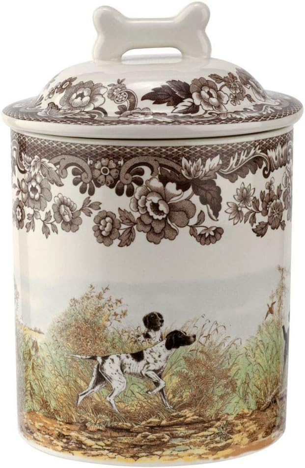 Spode Woodland Treat Jar with Hunting Dogs Design - 7" Stoneware Pet Treat Container with Airtight Seal & Bone Lid, British Floral Border - Dishwasher Safe Body - Designed in England
