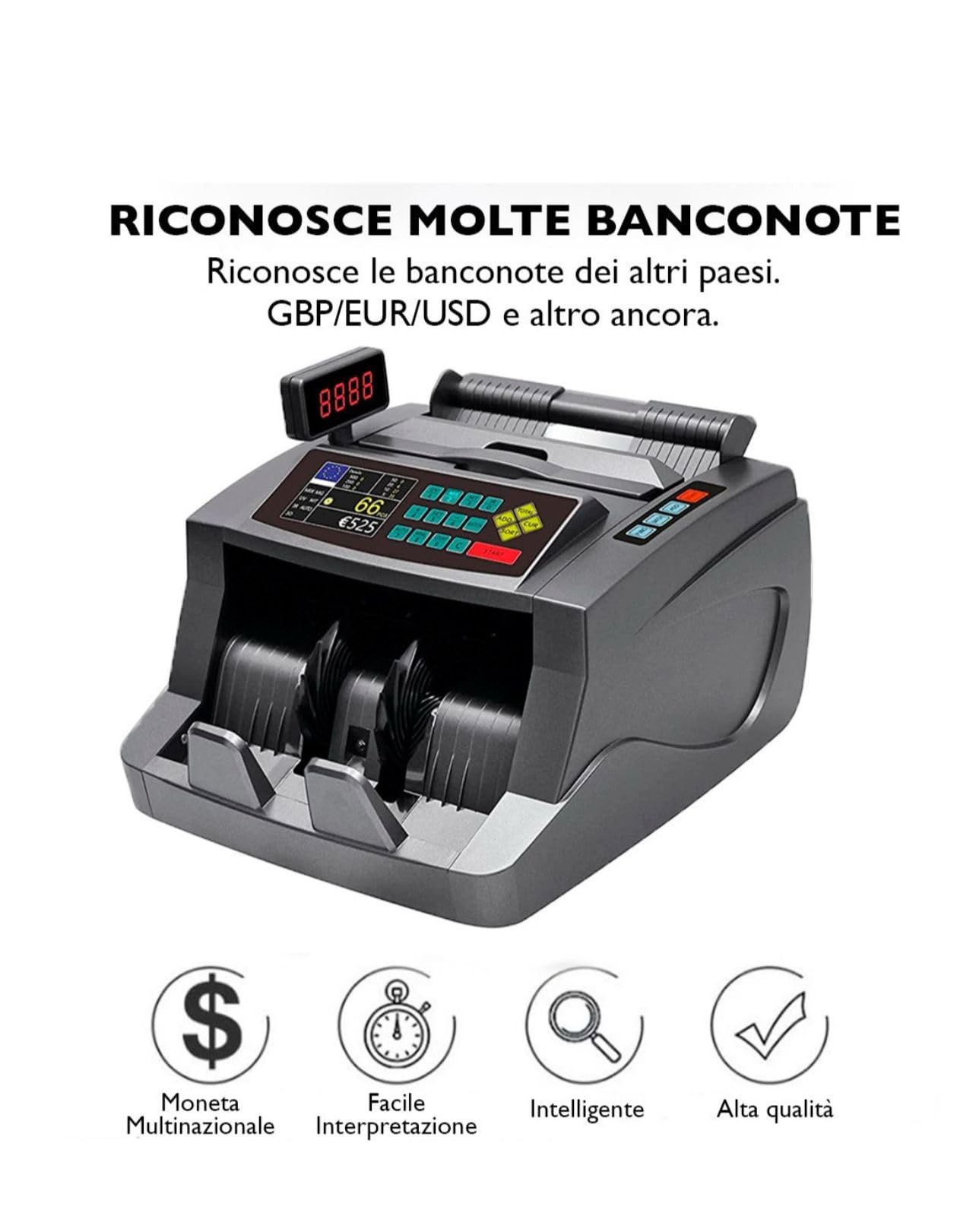 Conta Banconote Professionale con Display LCD, Rilevatore di Banconote False, 1000 Banconote al Minuto, Grigio