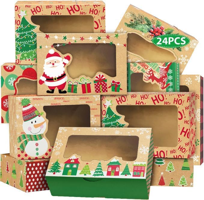 HIQUAY 24 Christmas Cookie Boxes, Large Holiday Baked Food Container for Gift Giving with 24 Count Christmas Foil Gift cardboard(radom)