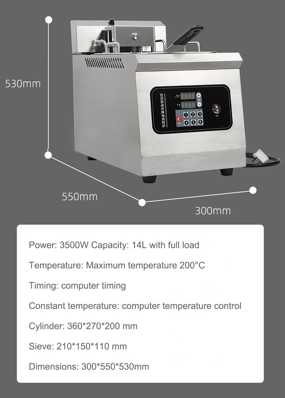 ZJDYDY Automatic Lifting Electric Deep Fryer, 3500W, 14L Stainless Steel, Commercial Chip Fryer with Smart Panel, Precise Timing and Temperature Control, 0-200C, Easy Clean