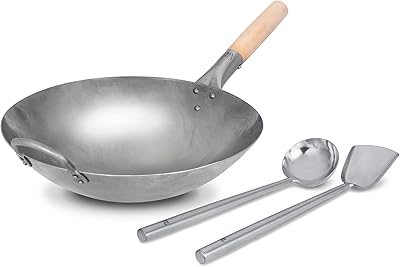 Wok Grande ZAANU Wok Big Heavy Canton Style Wok In Acciaio Al Carbonio Martellato A Mano (Fondo Tondo), 50 Cm (36 Cm Wok Induzione