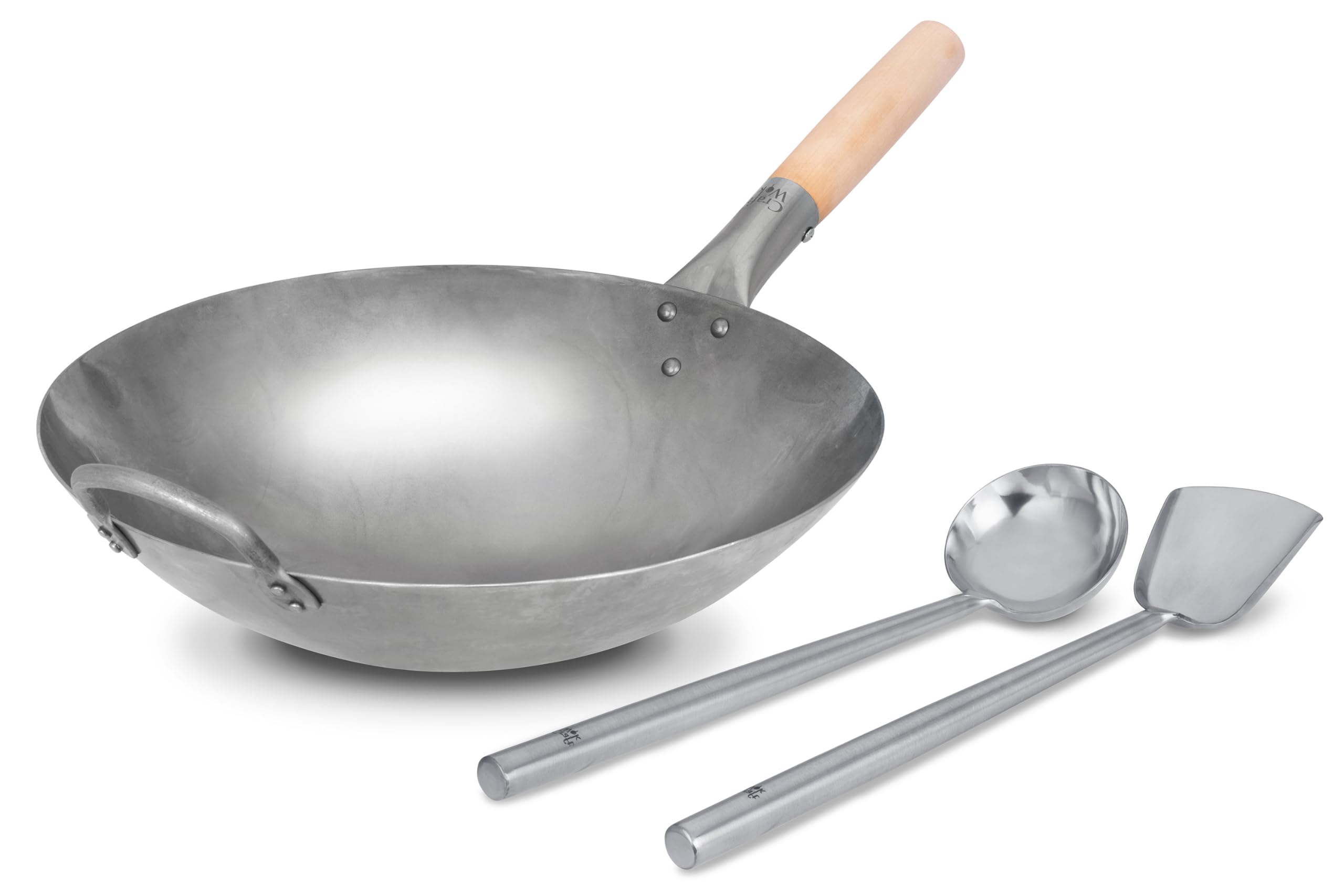 Craft Wok Grote Wok Pollepel Roestvrij Staal Traditionele Wok Hoak met Ergonomische Houten Handvat Professioneel Aziatisch Keukengerei voor Roeren Serveren/732W6-3