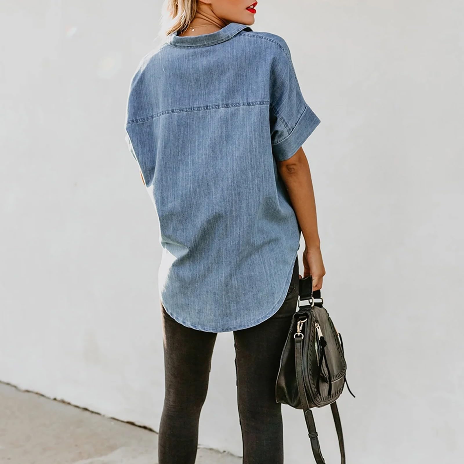 Generico Camicia da Donna A Maniche Corte con Colletto - T-Shirt Casual