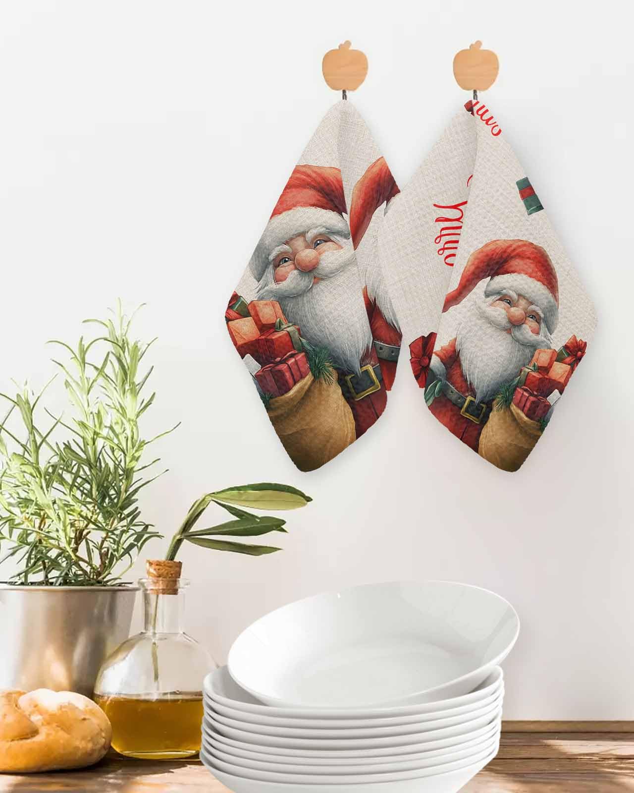 Hokiten Christmas Waffle Kitchen Towels Dishcloths, Xmas Gnomes Red Botanical Red Green Rustic Absorbent Dish Towels | Hand Towels for Bathroom/Bar, 12 x 12 Inch, 4 Pcs