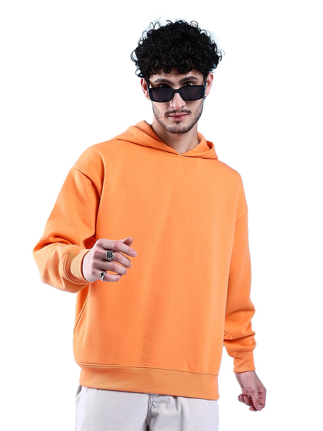 Orange Regular Fit Solid Pullover Hooded Sweatshirt-image-41