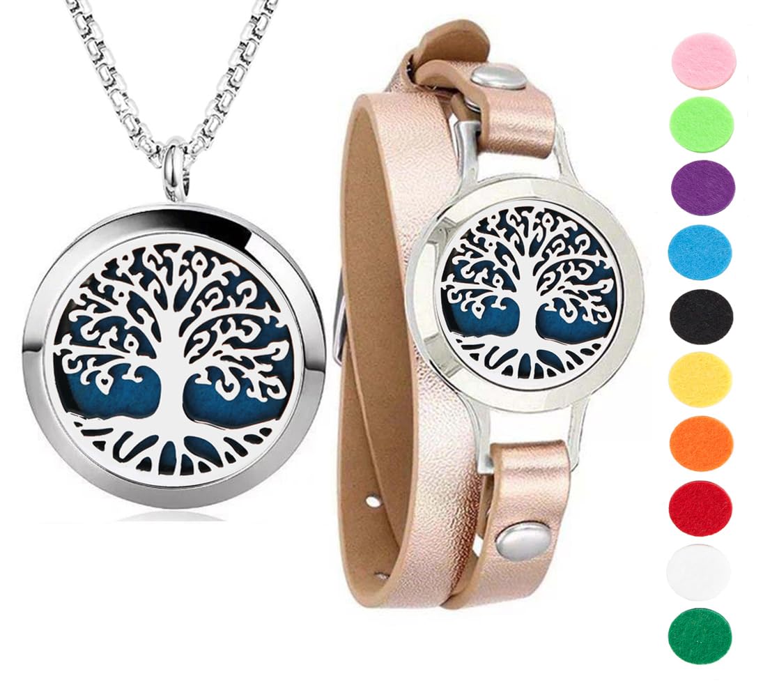 Aromatherapy Essential Oil Diffuser Necklace Tree of Life Pattern Stainless Steel Locket Pendant and Bracelet