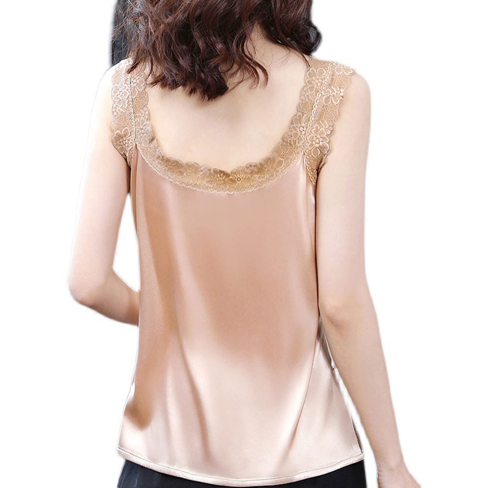 Camisola De Satén De Seda para Mujer, Cuello En V Satén De Seda De Hielo Sexy Delgado Sin Mangas Halter Camisola Básica Sin Respaldo Camiseta Sin Mangas De Encaje Top De Mujer,Champagne,XXL