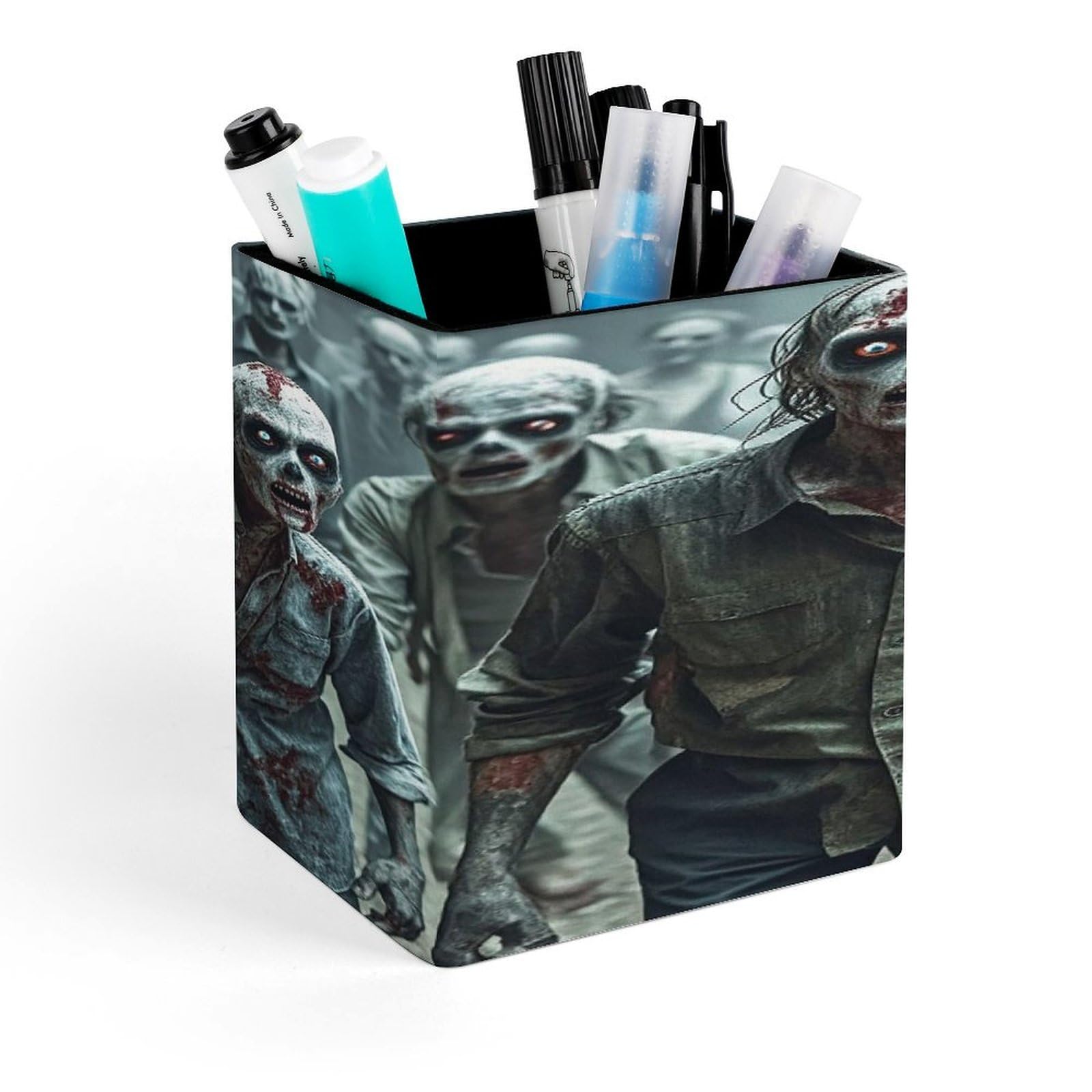 FekiLoot Many Zombie Pencil Holder for Desk Square Leather Pen Holder Cup Desktop Organizer Multi-Functional Pencil Cup Holders Modern Decorative Desk Organizer Caddy Makeup Brush Holders
