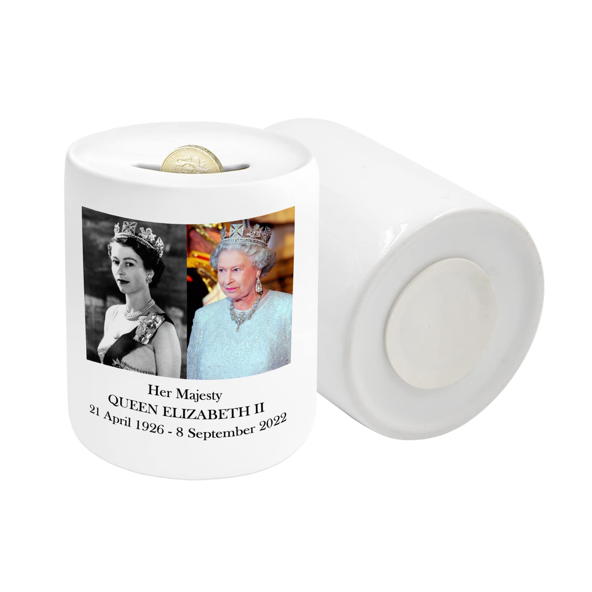 Print Maniacs Queen Elizabeth II RIP Commemorate Platinum Jubilee Money Piggy Bank Box Union Jack Coin Bank Saving Collection Souvenir Keepsake Tin (Then and Now - Queen Elizabeth II)