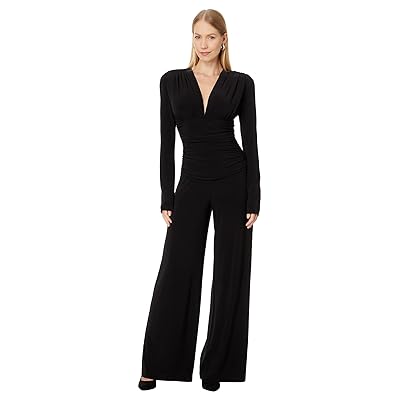 Norma Kamali V Neck Long Sleeve Shirred Waist Jumpsuit with Shoulder Pads Women