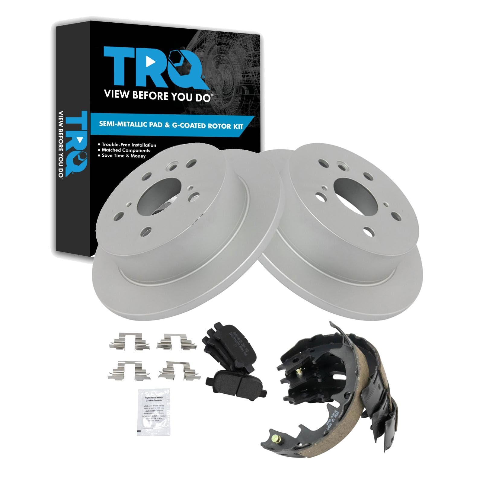 TRQ Rear Brake Pad and Rotor Set Semi Metallic G Coated Rotors Parking Shoe Compatible with 2005-2007 Toyota Avalon 2002-2006 Camry 2004-2008 Solara