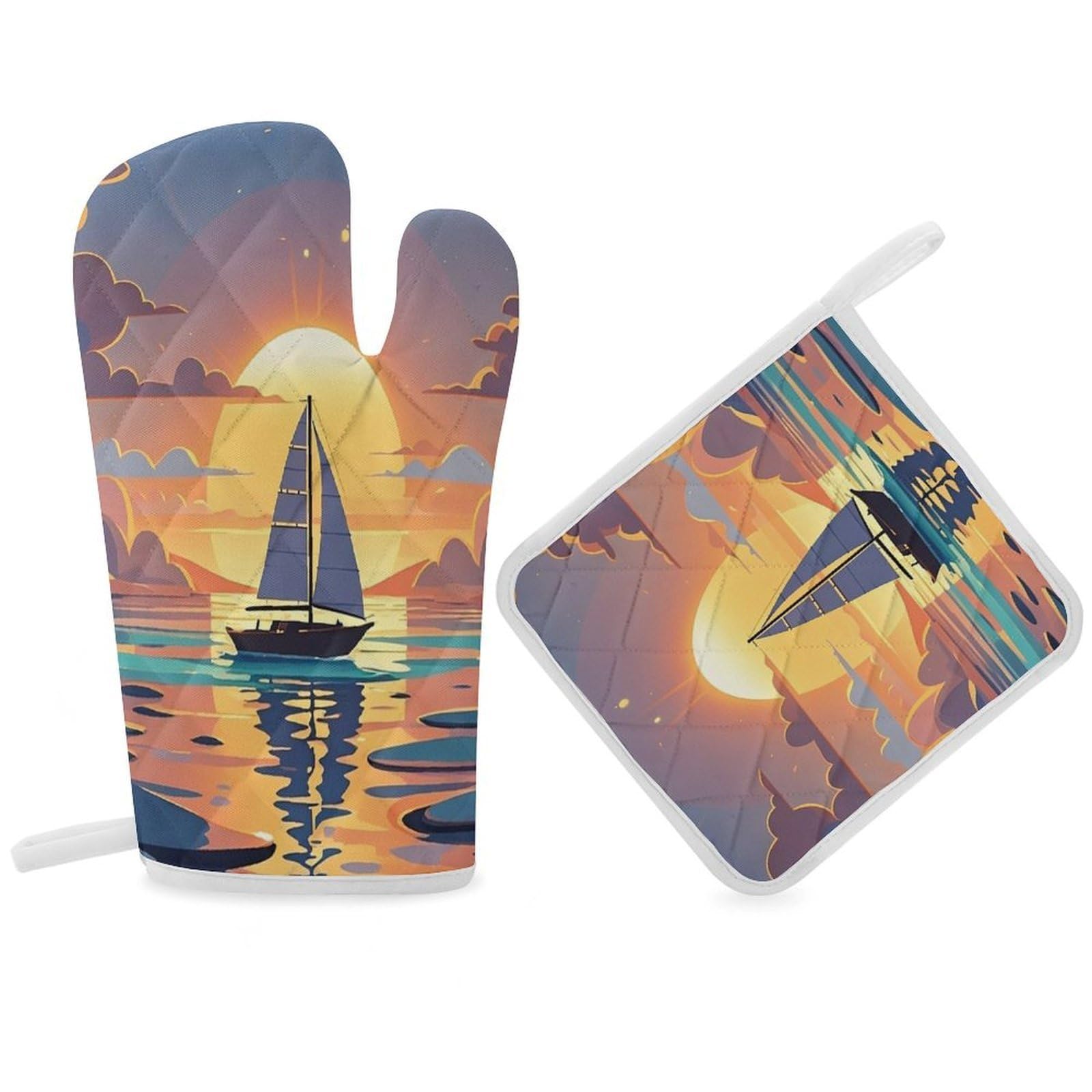 Sunset and Sailboat Oven Mitt Gloves and Heat Insulation Pads Double-Layer Thickened Heat Insulation Mitt Temperature Oven Gloves for Cooking Baking Grilling