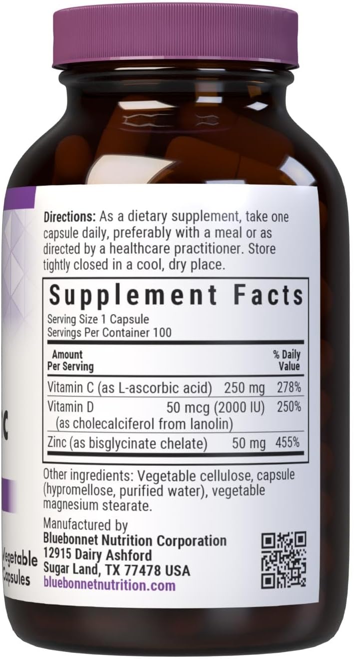 BlueBonnet Nutrition Vitamin C, D3 & Zinc, for Immune Health and Respiratory Function*, Soy-Free, Gluten-Free, Non-GMO, Kosher Certified, Dairy-Free, 100 Vegetable Capsules, 100 Servings (Pack of 2)