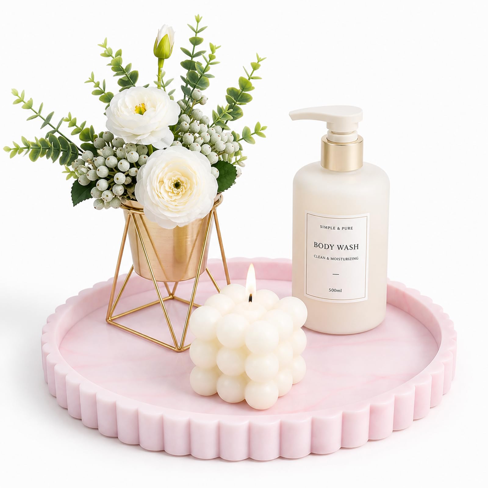Silicone Bathroom Vanity Tray for Counter, 23×23 cm Decorative Tray Round with Scalloped Edge Vanity Storage Organizer, Decorative Trinket Dish for Candle Key Skincare Perfume Storage Trays