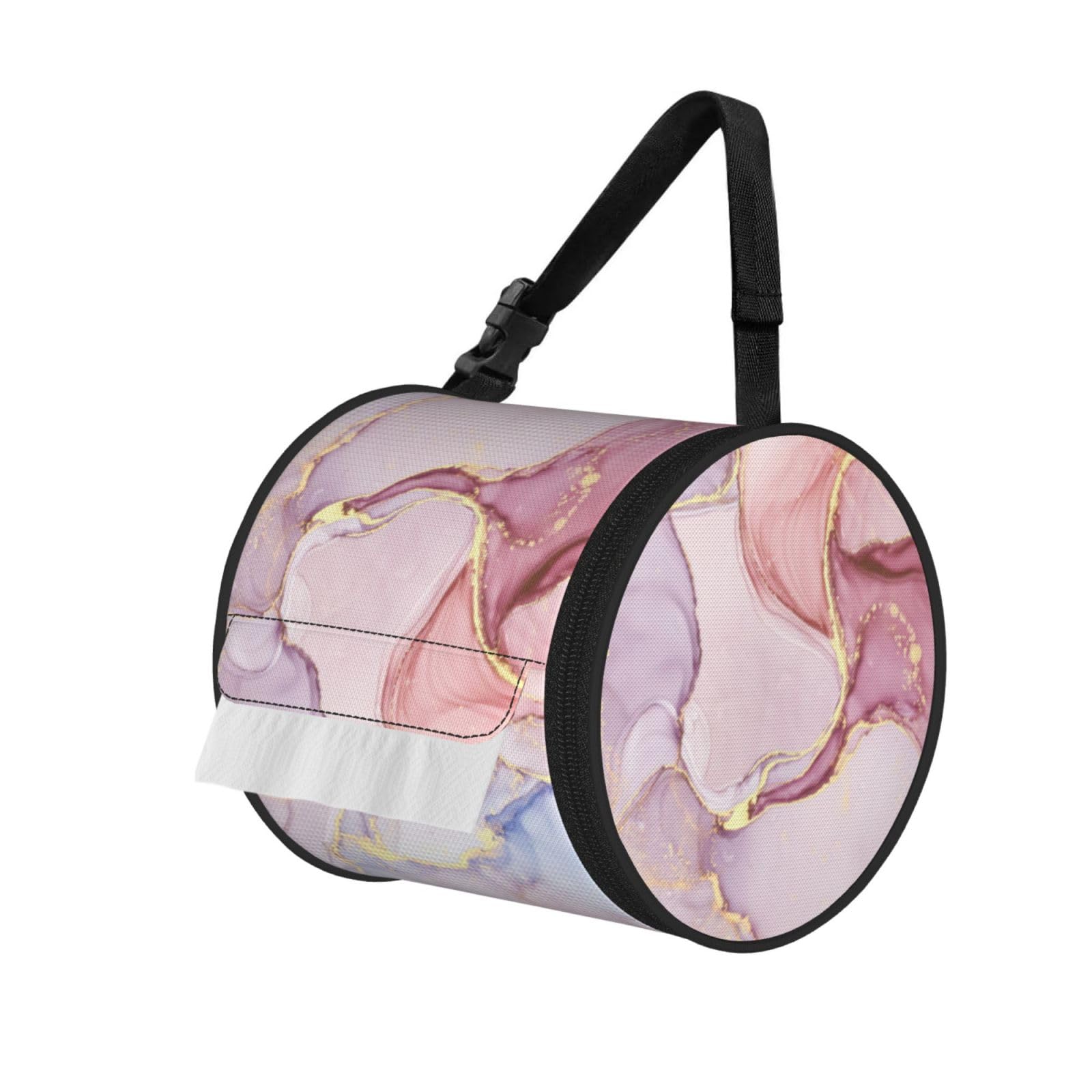Purple And Gold Marble Print Round Paper Tissue Holder With Shoulder Strap, Portable Roll Case For Caravan Travel Use