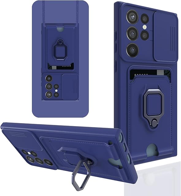 Samsung S22 Ultra Case with Slide Camera Cover, with Built-in 360°Rotating Magnetic Ring Stand and Card Holder, Heavy Duty Protection Case for Galaxy S22 Ultra 5G 6.8 inch (Blue)