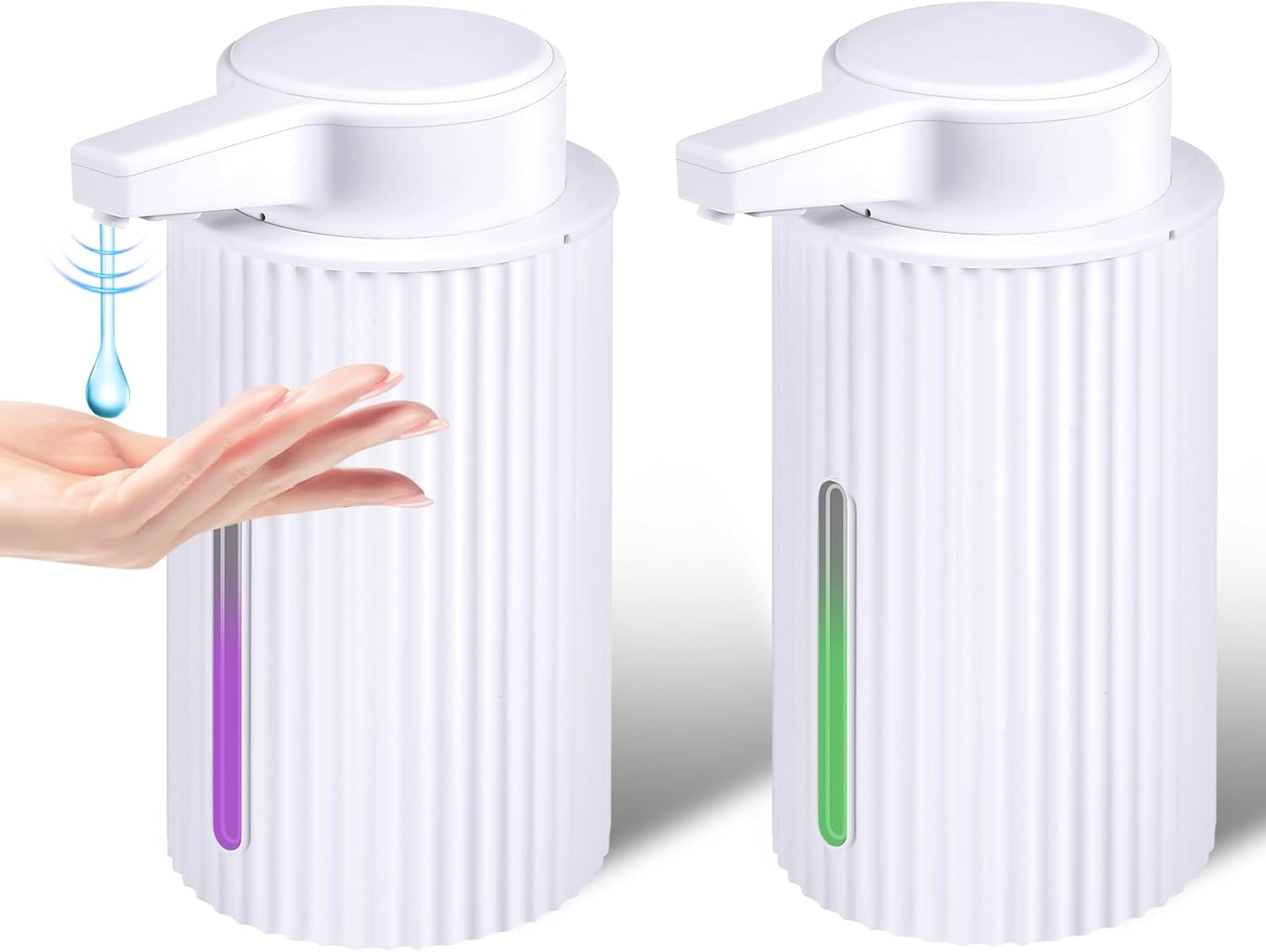 2 Pack 13.5 oz Automatic Soap Dispenser – Ribbed Design Automatic Liquid Soap Dispenser for Bathroom & Kitchen Countertop, Rechargeable Touchless with Electric Induction Pump (White)