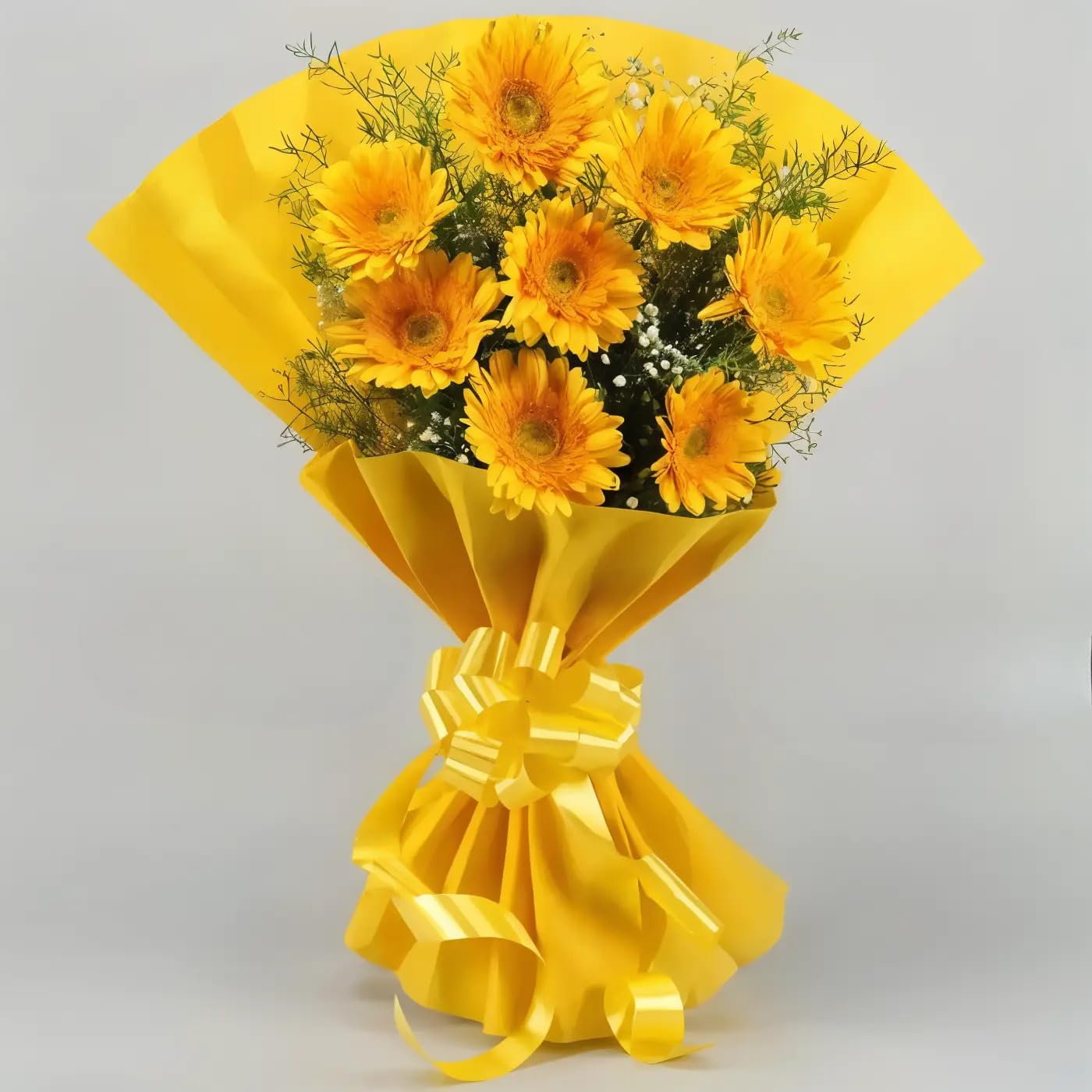 IFG's Bouquet of 8 Yellow Gerberas in Yellow Paper Wrap. | Send it on Birthday, Marriage Anniversary, Mother's Day, Valentine's Day, Congratulations & Retirement. | India-wide Delivery in 4 hrs-image-24