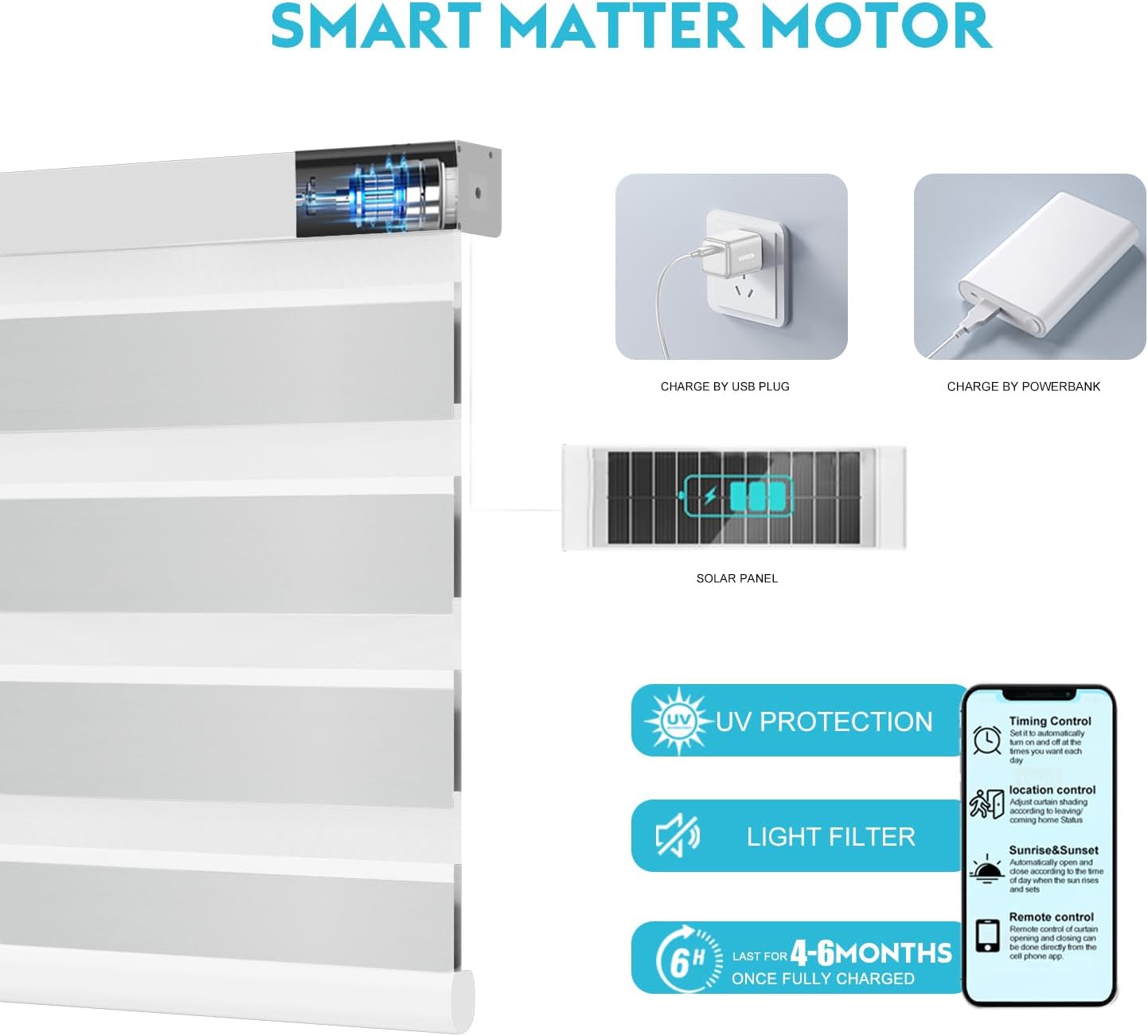 Motorized Zebra Blinds with Remote Smart Blind Work with Homekit Alexa SmartThings Electric Day and Night Shade Cordless Automatic Solar Powered Window Shade Customize(Classic White)