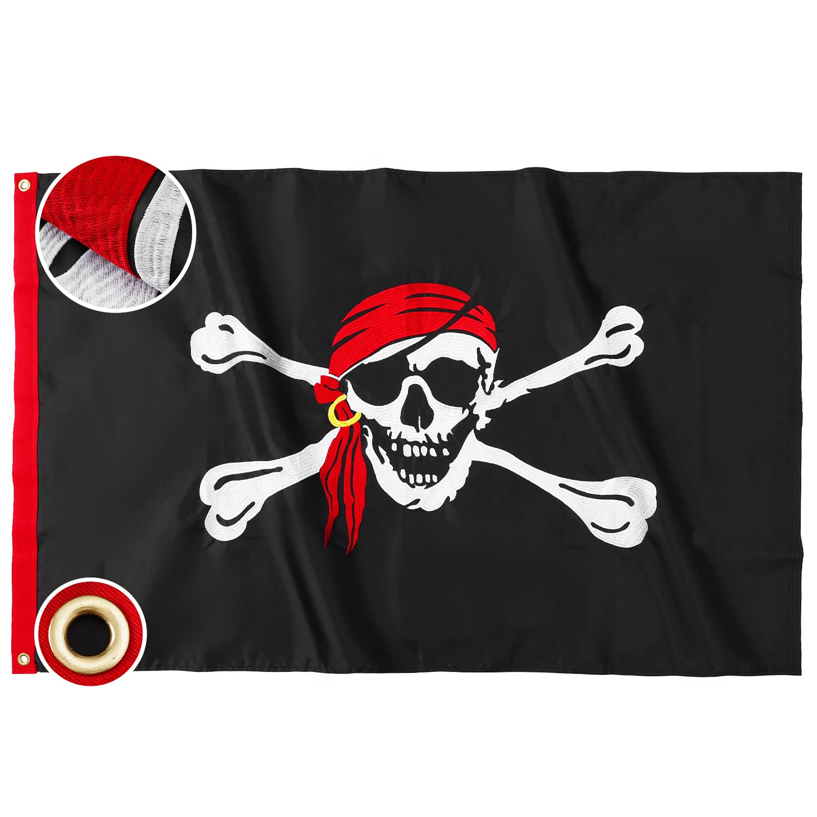 Pirate Flag Jolly Roger Red Scarf Flags 3x5 Feet Made in USA Embroidered Nylon with 2 Brass Grommets 4 Stitching Rows Heavy Duty Nylon for Outdoor Halloween Decorations