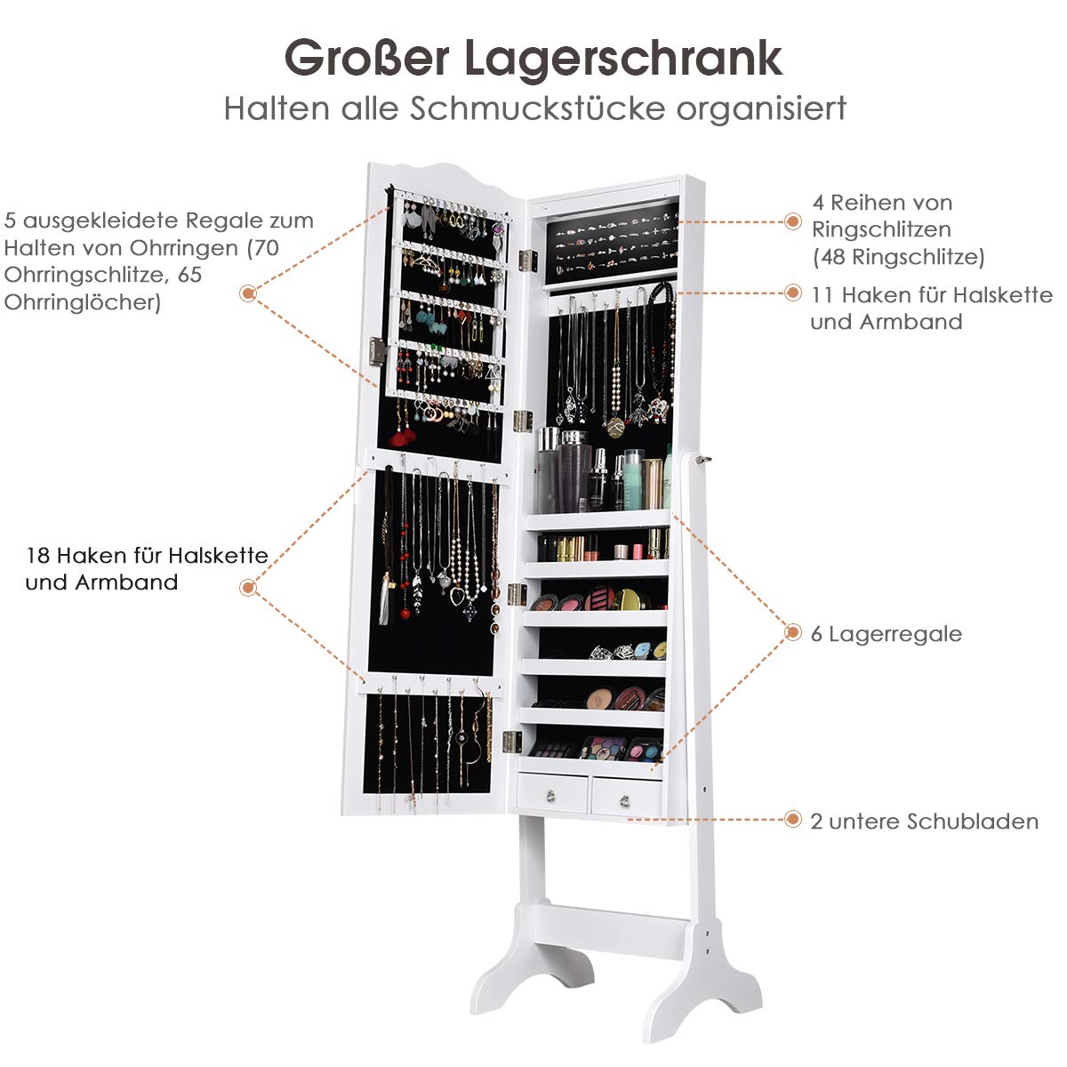 COSTWAY Szafka na biżuterię z 14 diodami LED, regał na biżuterię z lustrem na całe ciało, zamykana, szafka z lustrem na biżuterię, 4-stopniowa regulacja nachylenia, na pierścionki, haczyki na