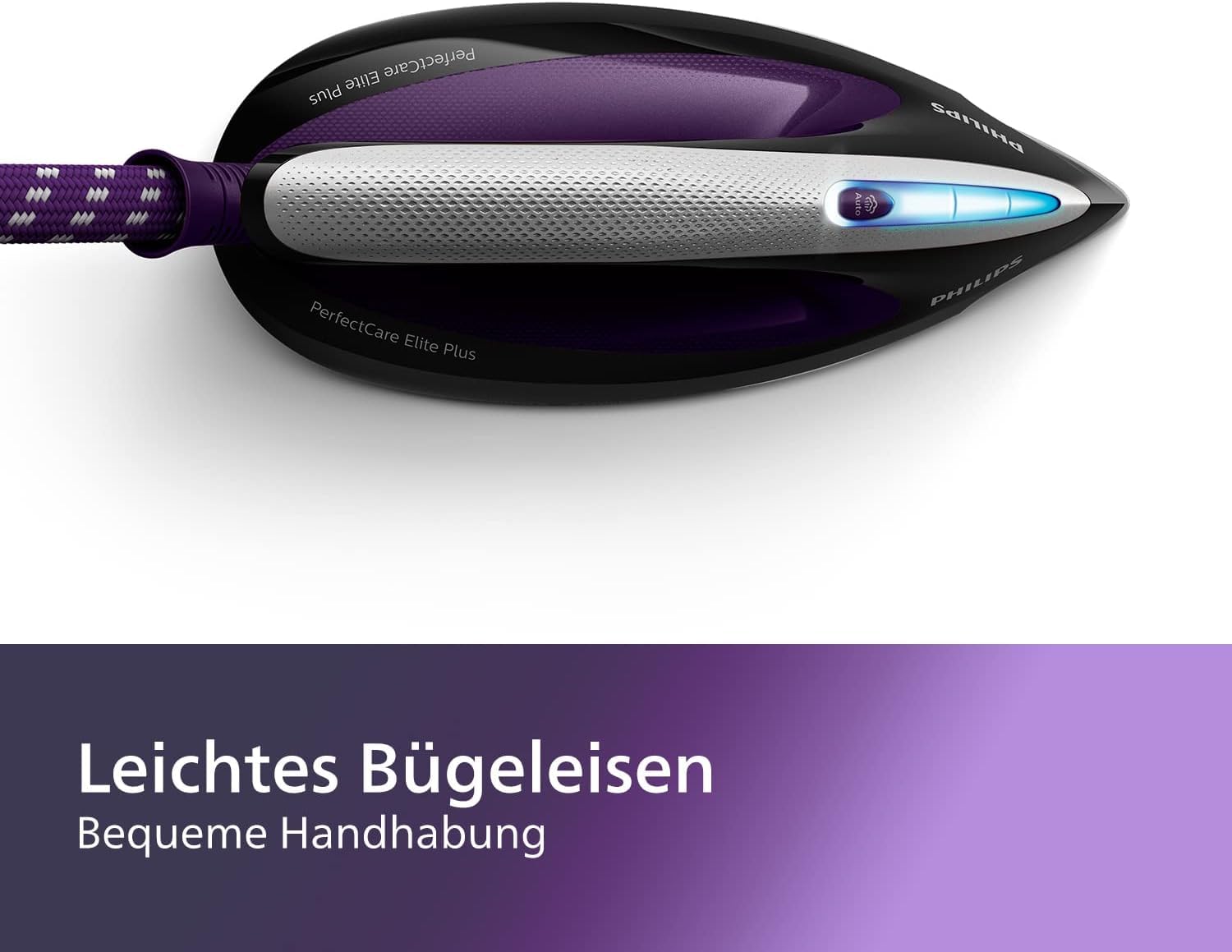 Philips PerfectCare Elite Plus Dampfbügelstation – 2700 W, Dampfstoß 550 g, Druck 7,7 bar, OptimalTEMP-Technologie, 1,8-Liter-Wasserbehälter, lila/schwarz (GC9675/80)