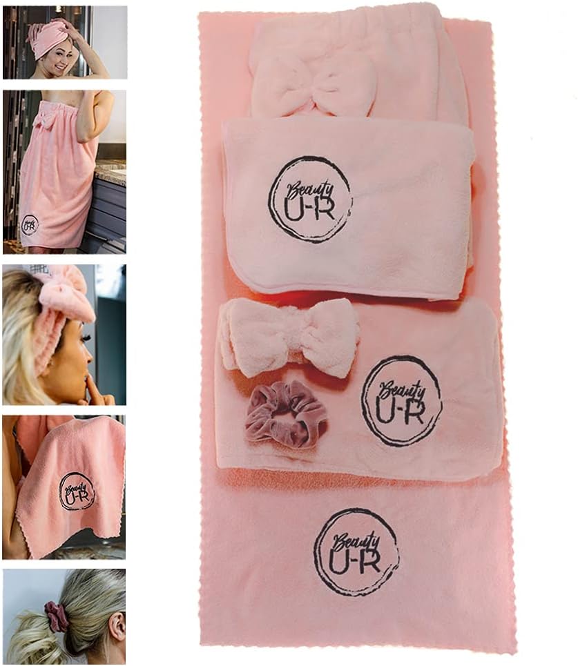 Beauty U-RHair Towel Wrap Set - 4 pc Microfiber towels + Scrunchie - Bath towels for curly hair products - Hair accessories for women care- Quick drying hair turban spa towels for dry long black hair