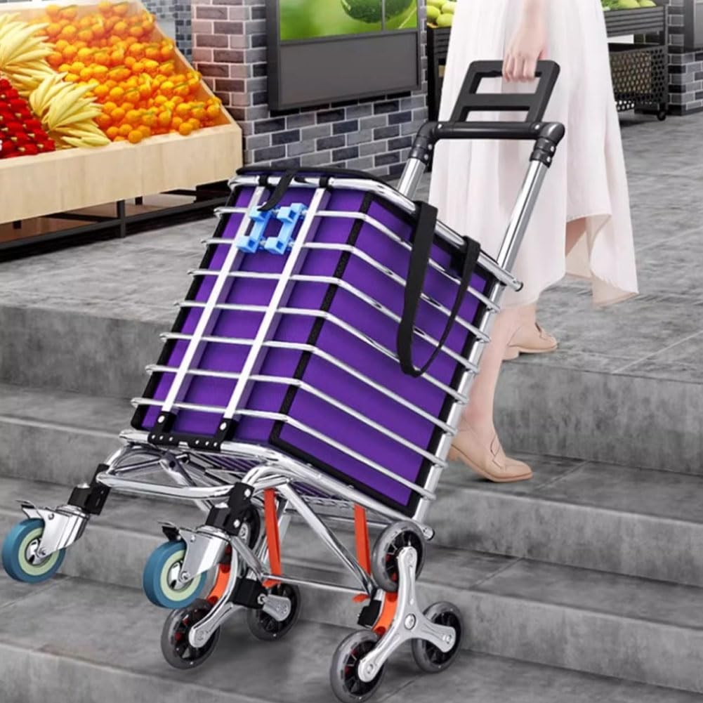 Treppensteiger Trolley mit Doppel Sicherheitsverriegelung, Robuster Klappbarer Transportwagen, 30mm Aluminium Rahmen & PU Räder für Einkäufe, Koffer und Logistik Purple Without Lid