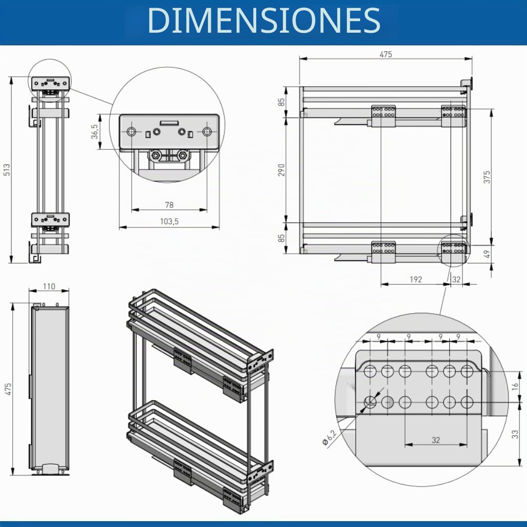 GTV - Organizador de cocina MOVIXPRO | Equipamiento de carga | Sistema de estantería extensible | Ancho exterior 150 mm | 2 estantes | Sin rieles | Cromo