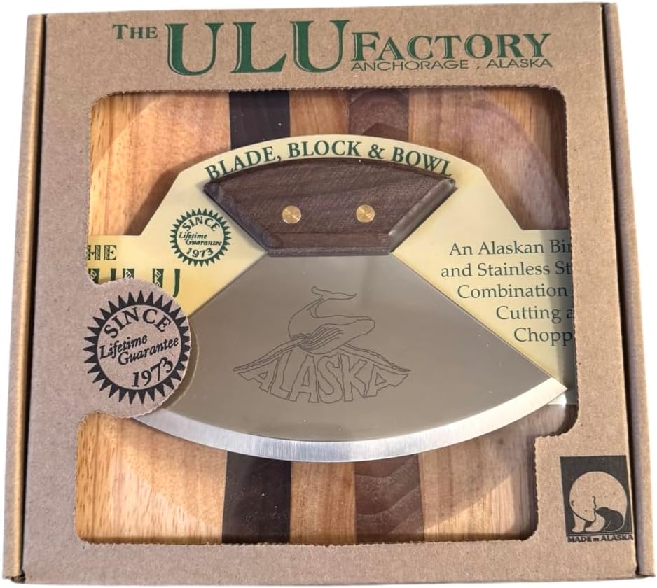Alaskan Birch Wood Ulu Mezzaluna Knife and Bowl Set Medium 7.25" Bowl Herb Small Job All Around - Etched Humpback Whale