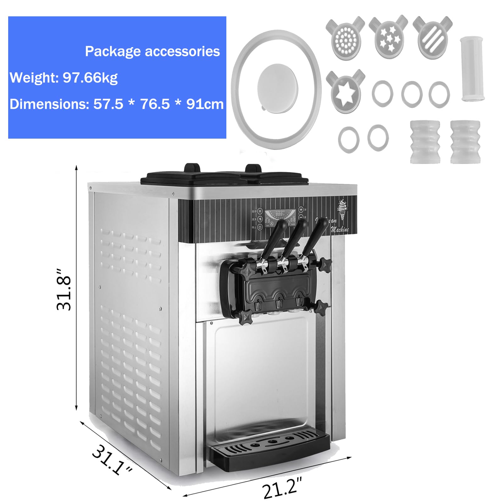 Kommerzielle Eismaschine, 20–28 L/h 2200 W, Kommerzielle Softeismaschine, Gewerbliche Eiscrememaschine mit 3 Aromen & 2 x 6L & LED-Panel, für Restaurant, Café (8218T)