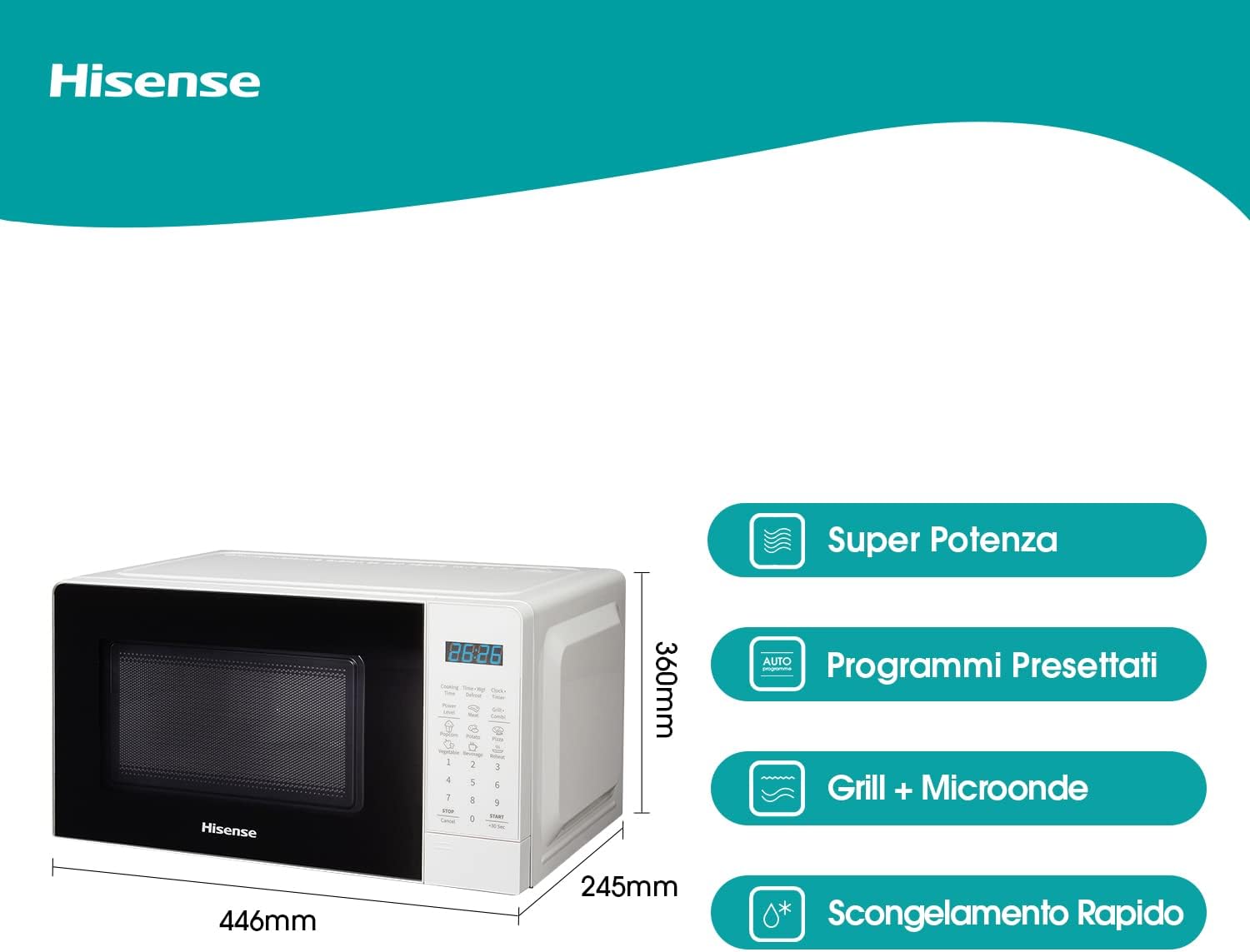 Hisense H20MOWS3G Libera installazione Forno Microonde Elettronico, Capacità 20 L, Potenza 700 W, Grill Potenza 900 W, Display Led con Comandi Touch, Bianco