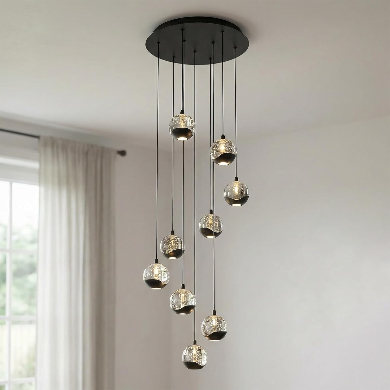 9-Light Modern Black Glass Globe Chandelier, Hanging Cluster Pendant Light Kitchen Island & Foyer Chandelier, Warm White 3000K, 4230 Lm, LED Modern Chandelier, Ø 15.75 in