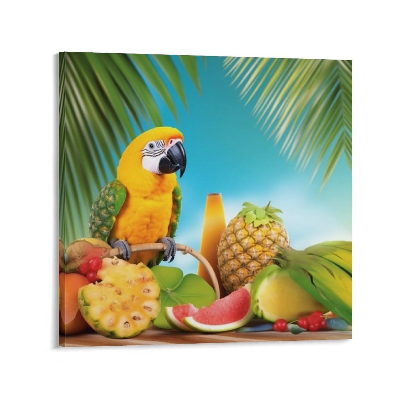 Summer Parrot Pineapple Birds Canvas Wall Art for Bedroom 28x28inch(70x70cm) Canvas Prints Artwork for Walls Modern Picture Artwork Painting for Living Room Aesthetic Wall Paintings for Bathroom Kitch