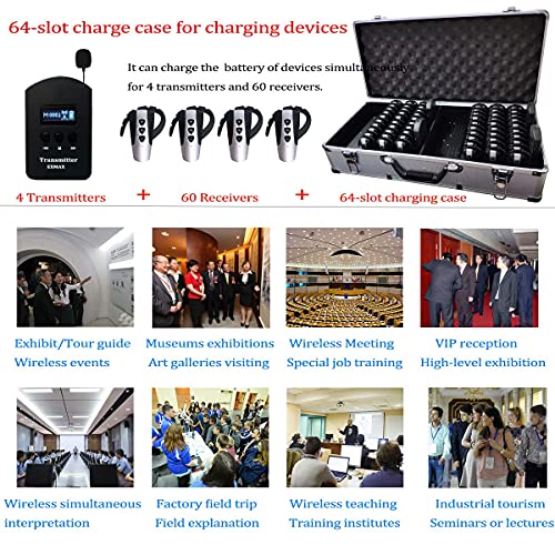 EXMAX® EXD-6824 Handfree 2.4G Wireless Tour Guide System 9999 Channels for Church Translation Equipment Tour Guide Interpreter Coach Trainee Worship (4 Transmitters 60 Receivers 64-slot Charging Case) miniatura 3