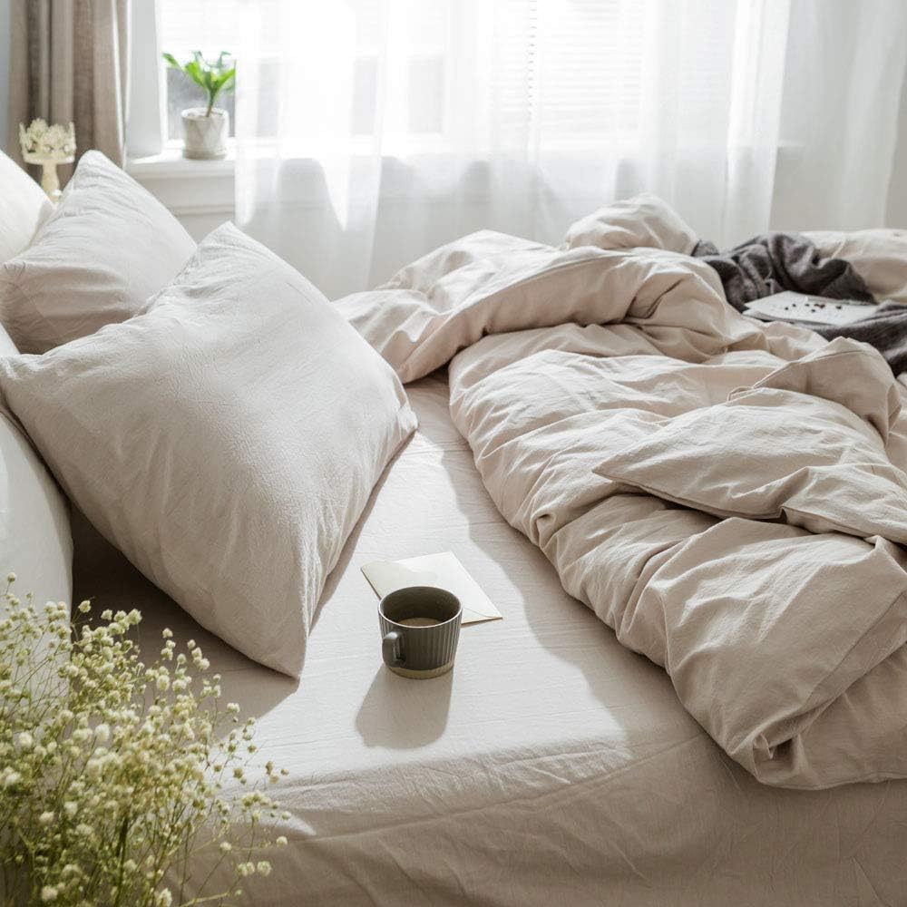 Beige Duvet Cover King, 100% Natural 3 Pieces Washed Cotton Beige Bedding Set, Solid Color Casual Style Duvet Cover, with Zipper Closure Ties, Ultra Soft Comfy Natural Wrinkled (Beige, King) Beige King